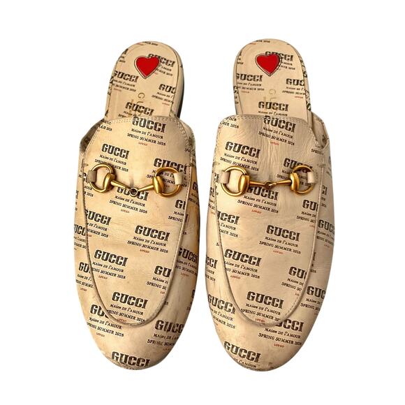 Gucci Princetown Newspaper Print Mules | Madison de l’Amour 2018 Beige Horsebit - Picture 1 of 16
